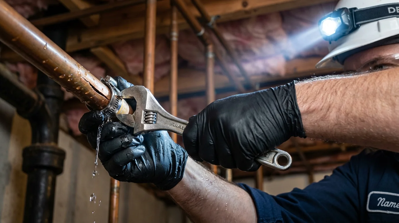 Emergency pipe clamp repair being performed by a Johns Plumbing LLC plumber in Beatrice
