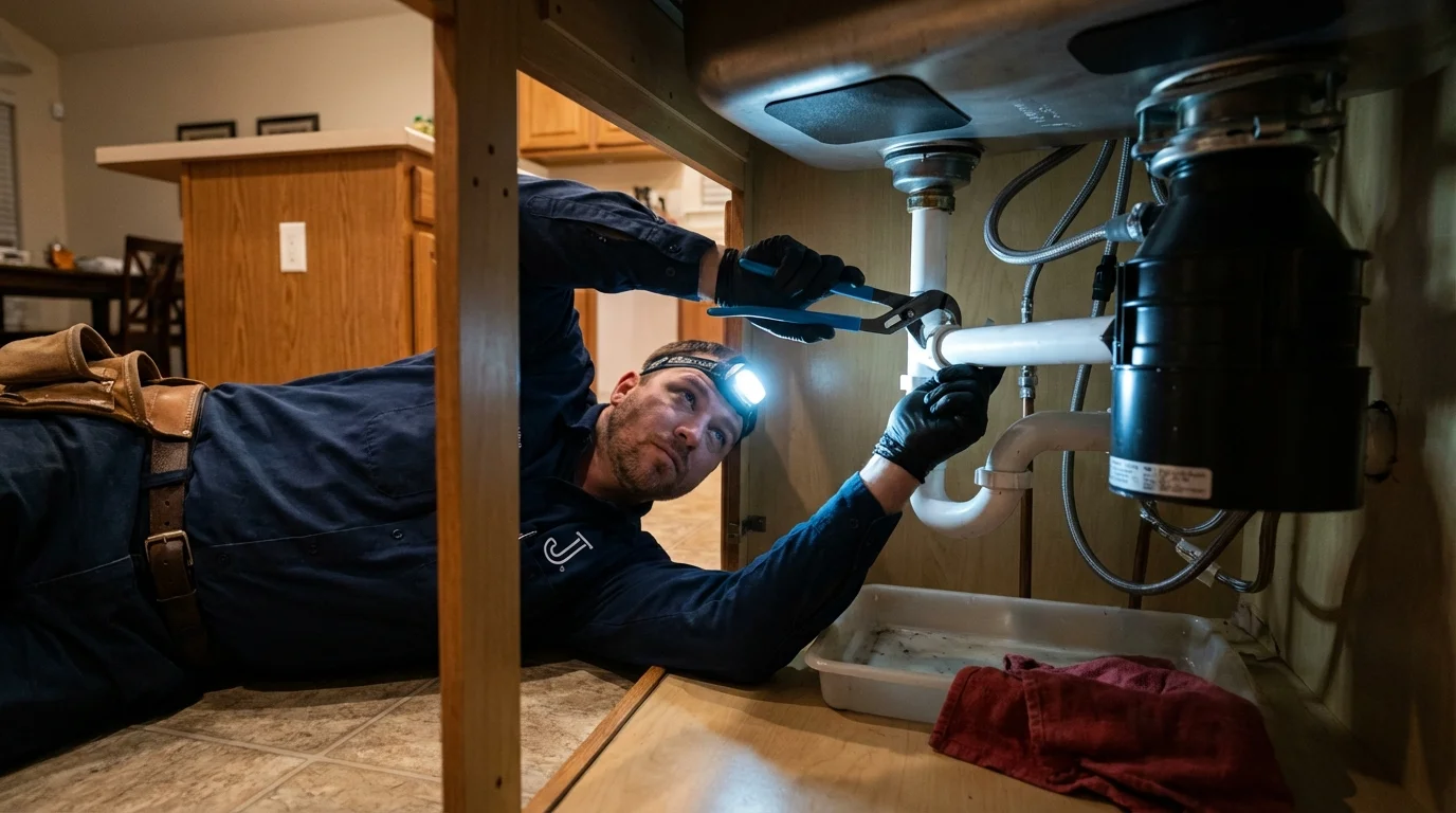 P-trap and supply line connections under a kitchen sink showing a common leak point in Beatrice, NE